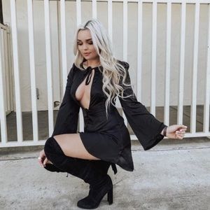New Lioness | Black plunge chest flare sleeve button up mini dress •